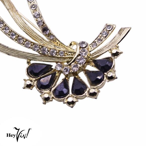 Vintage Rhinestone Pin w Blue Teardrop Shapes Curved Statement Brooch 3" - Hey V - Picture 2 of 5